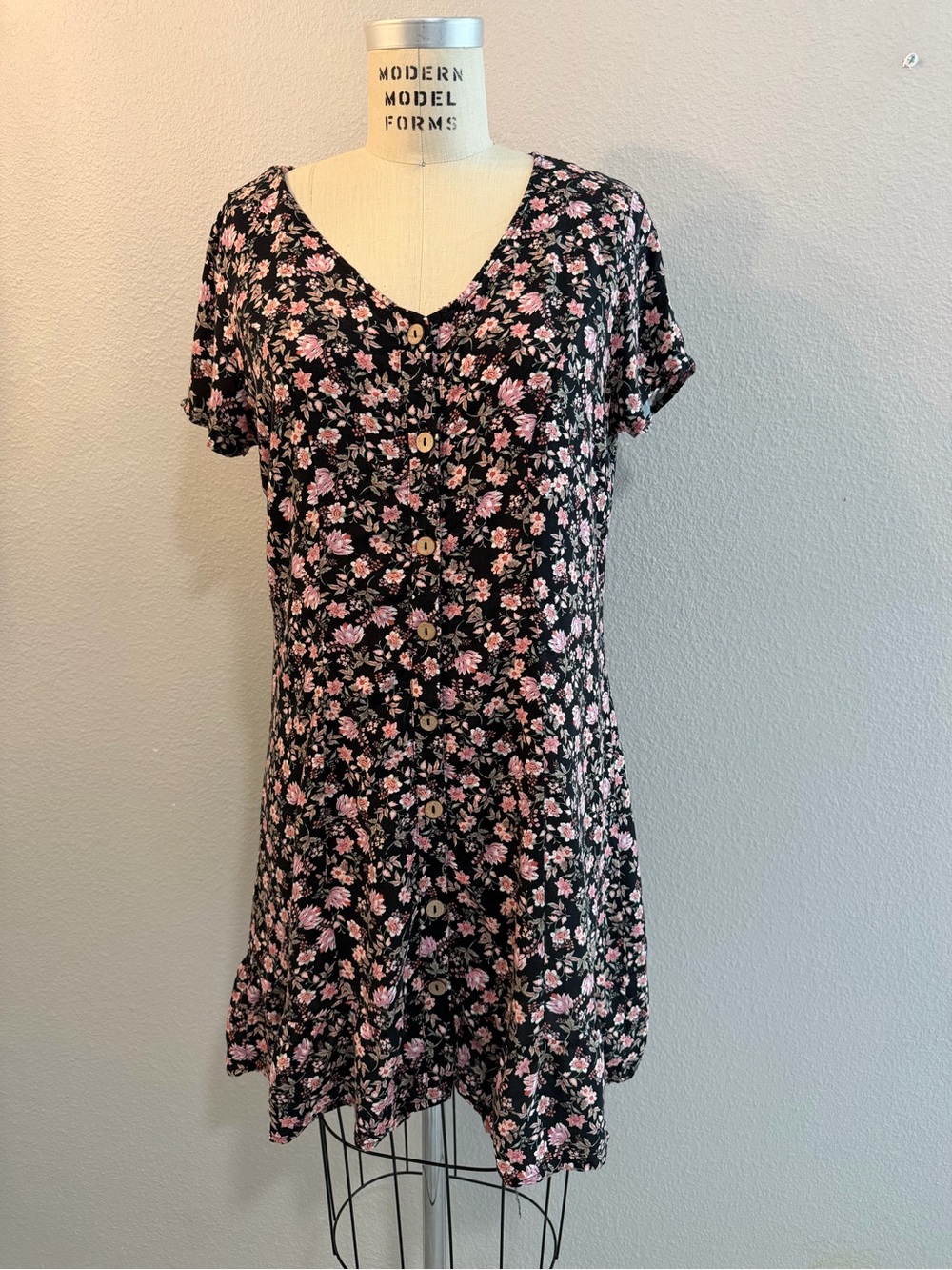 Pink Rose Black Floral Mini Dress with Pink Flowers